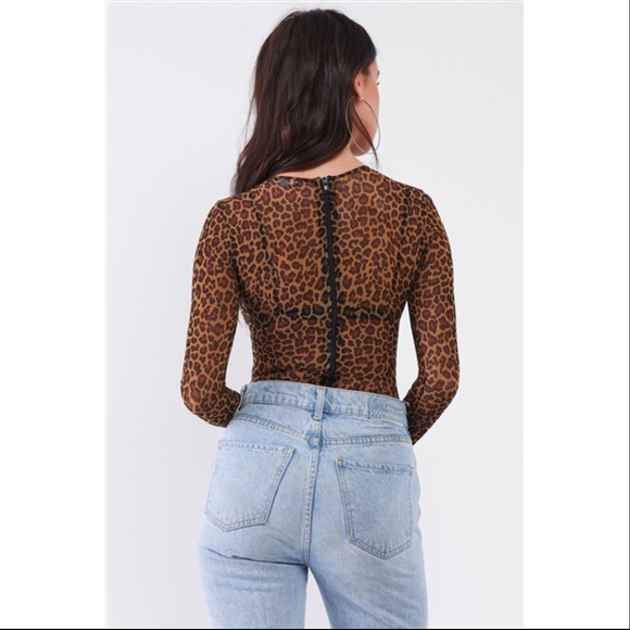 LEOPARD PRINT SHEER MESH LONG SLEEVE BODYSUIT - Picture 4 of 4